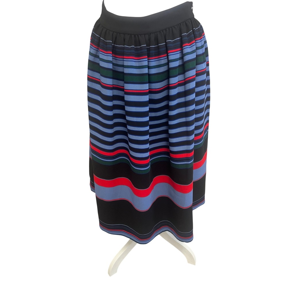 Zara Retro Midi Skirt Womens L‎ Striped Pleated Blue Red Sz L Mod Boho Eclectic